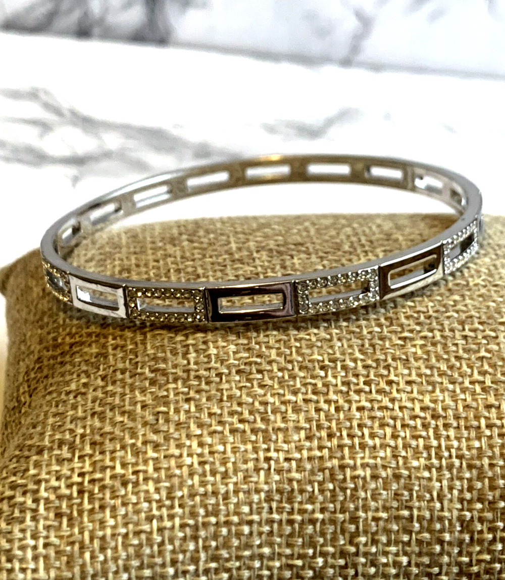 Vtg Cut Out Bangle Silver Tone Rhinestones Geometric Y2K Bracelet Signed SZ M